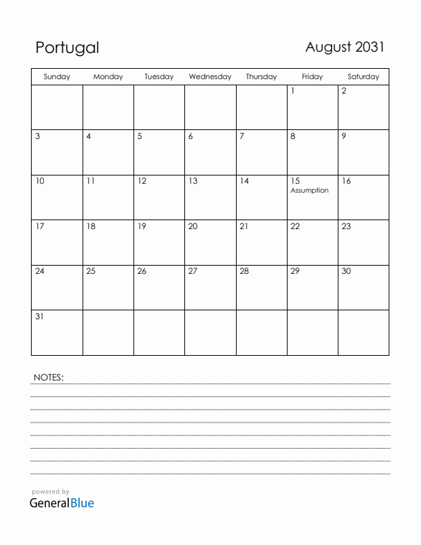 August 2031 Portugal Calendar with Holidays (Sunday Start)