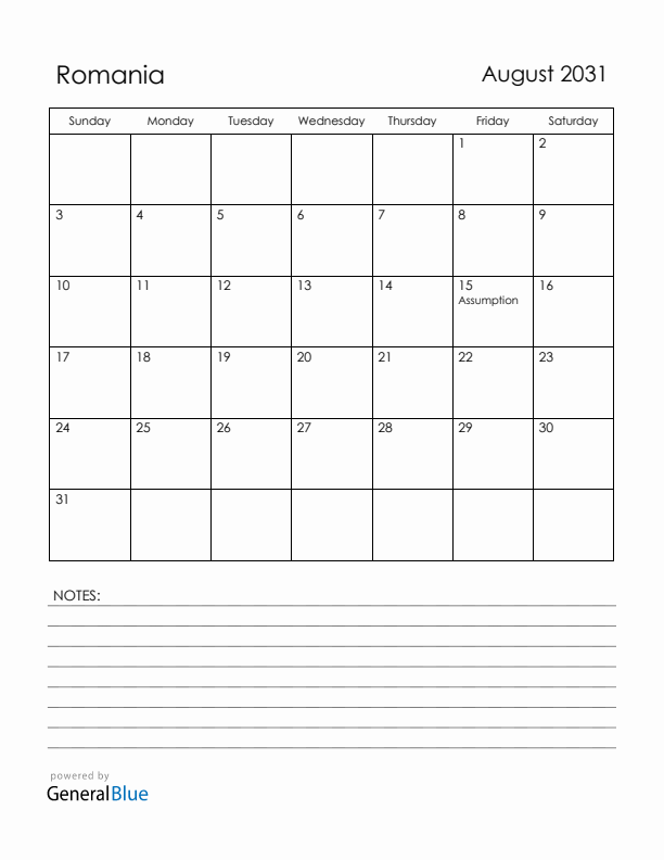August 2031 Romania Calendar with Holidays (Sunday Start)