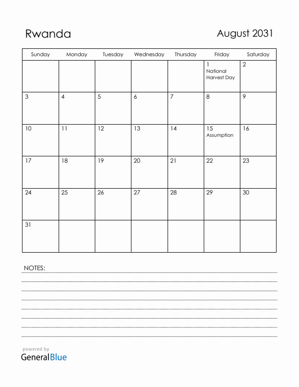 August 2031 Rwanda Calendar with Holidays (Sunday Start)