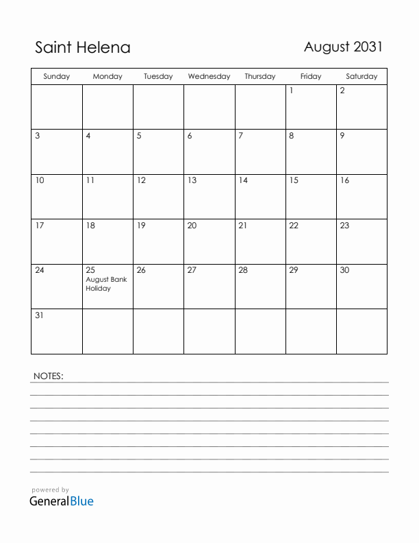 August 2031 Saint Helena Calendar with Holidays (Sunday Start)