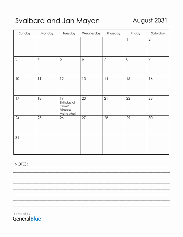 August 2031 Svalbard and Jan Mayen Calendar with Holidays (Sunday Start)