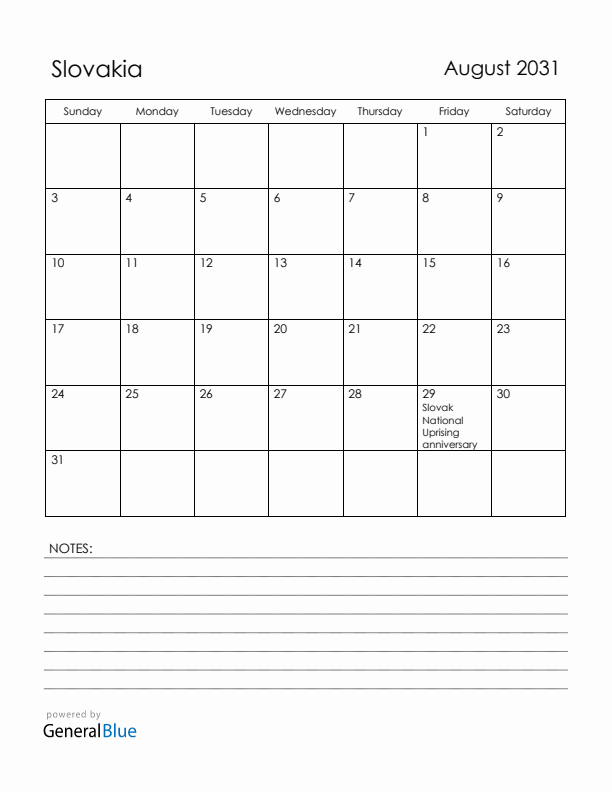 August 2031 Slovakia Calendar with Holidays (Sunday Start)