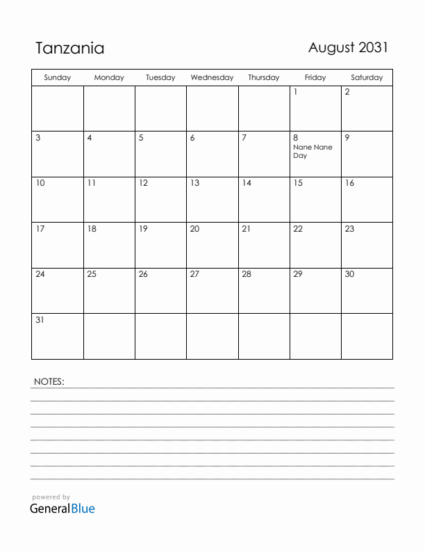 August 2031 Tanzania Calendar with Holidays (Sunday Start)