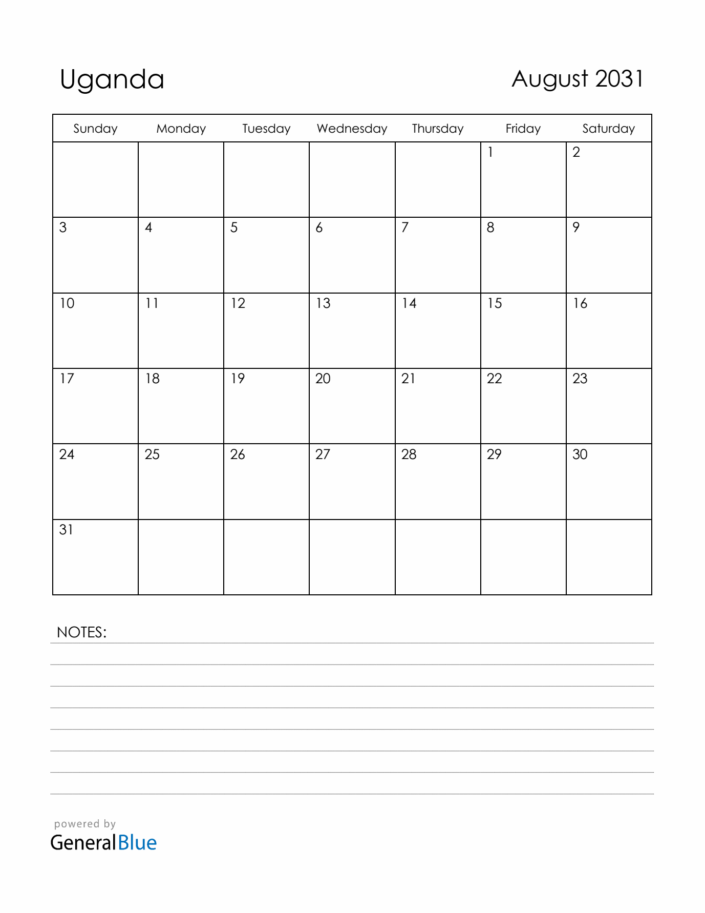 August 2031 Uganda Calendar with Holidays (Sunday Start)