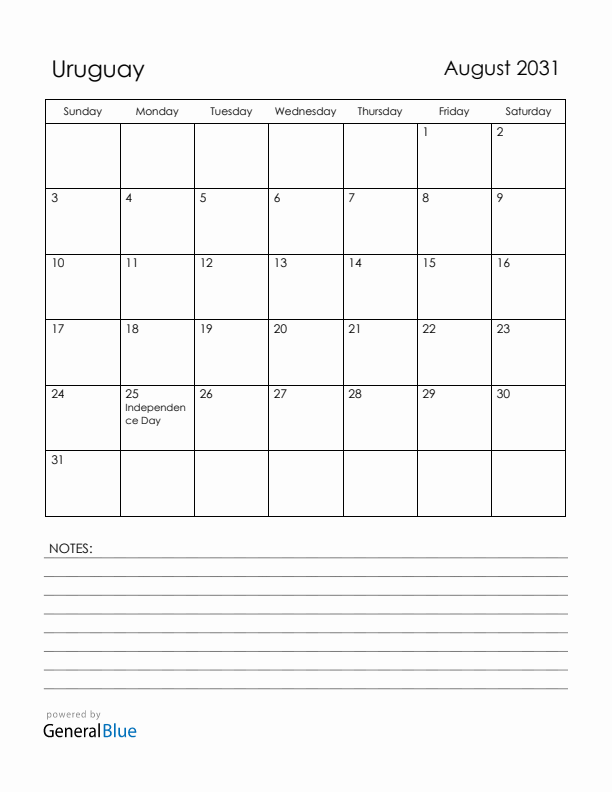 August 2031 Uruguay Calendar with Holidays (Sunday Start)
