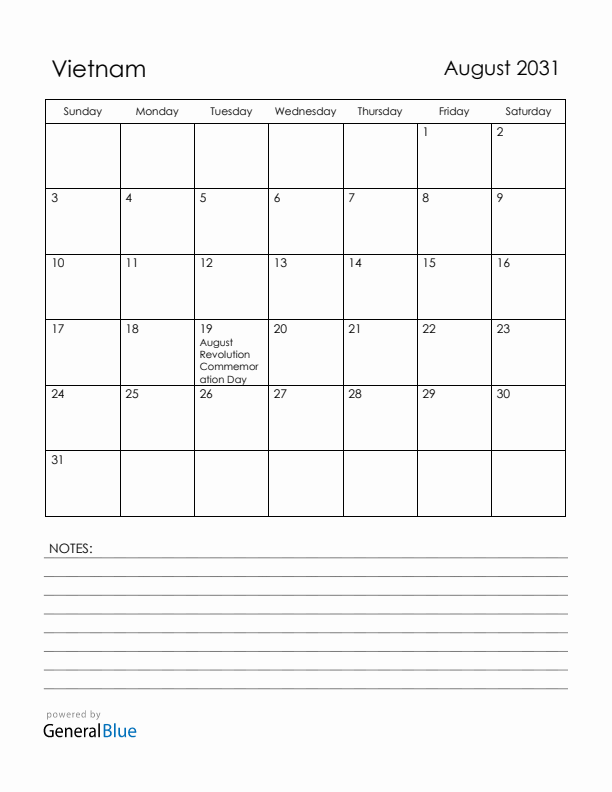 August 2031 Vietnam Calendar with Holidays (Sunday Start)