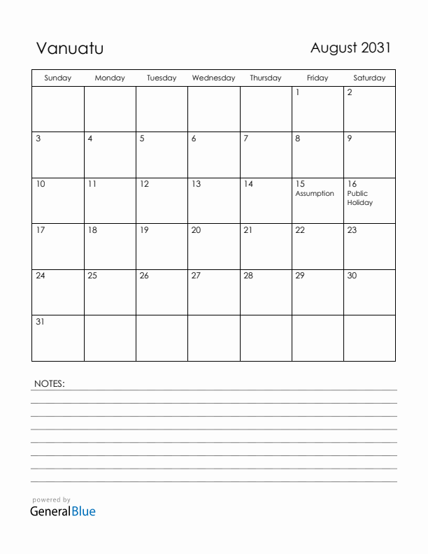 August 2031 Vanuatu Calendar with Holidays (Sunday Start)