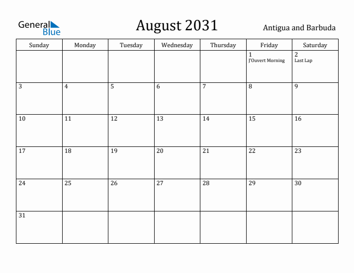 August 2031 Calendar Antigua and Barbuda