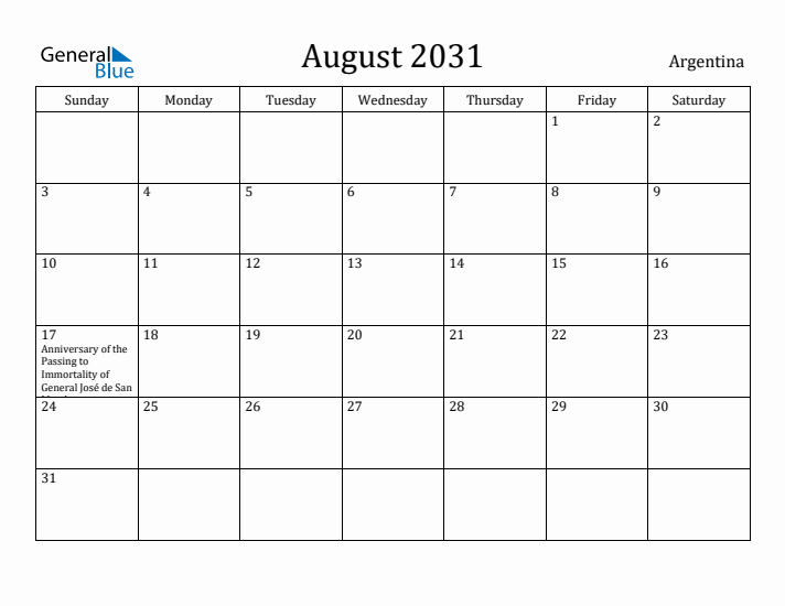August 2031 Calendar Argentina