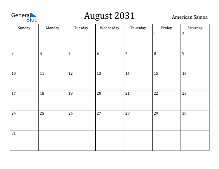 August 2031 Calendar American Samoa