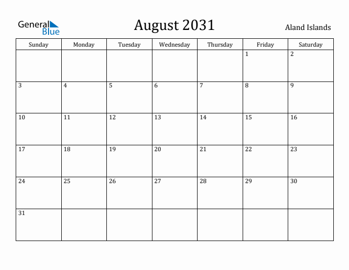 August 2031 Calendar Aland Islands