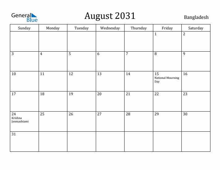 August 2031 Calendar Bangladesh
