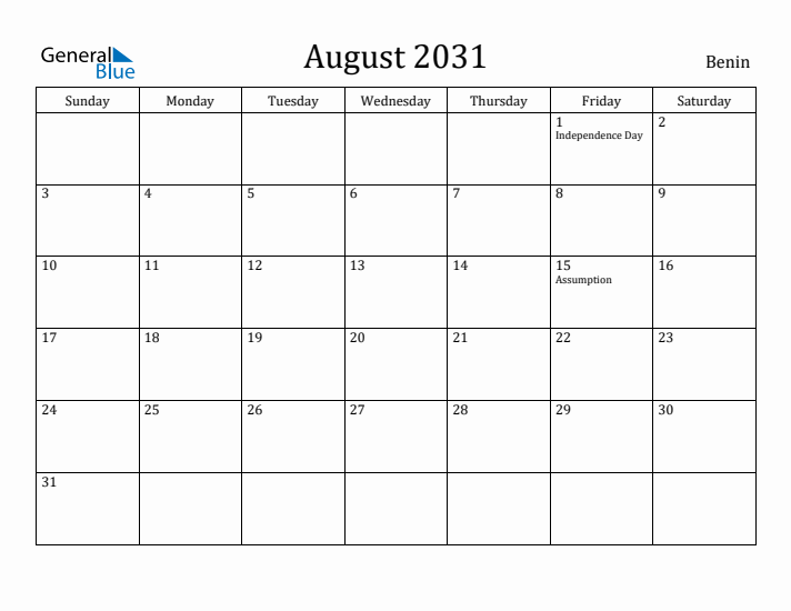 August 2031 Calendar Benin