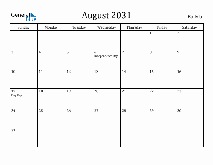 August 2031 Calendar Bolivia