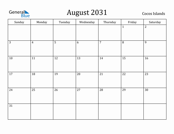 August 2031 Calendar Cocos Islands