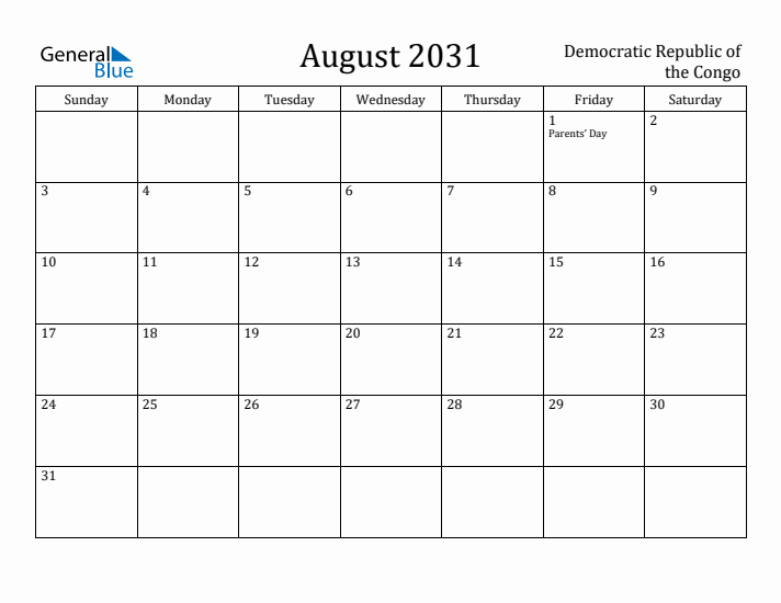 August 2031 Calendar Democratic Republic of the Congo