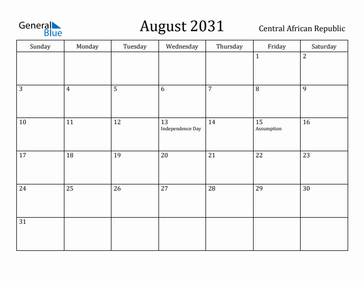 August 2031 Calendar Central African Republic