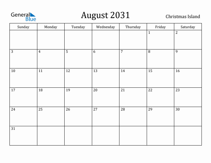 August 2031 Calendar Christmas Island