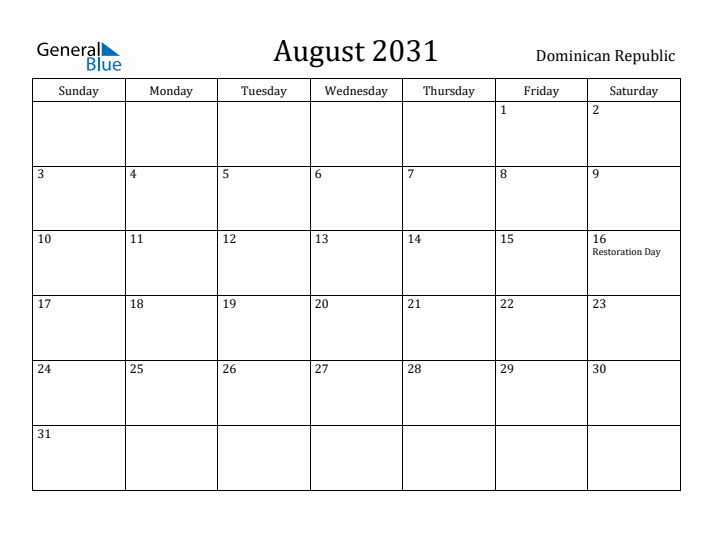 August 2031 Calendar Dominican Republic