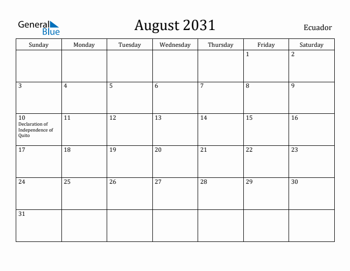 August 2031 Calendar Ecuador