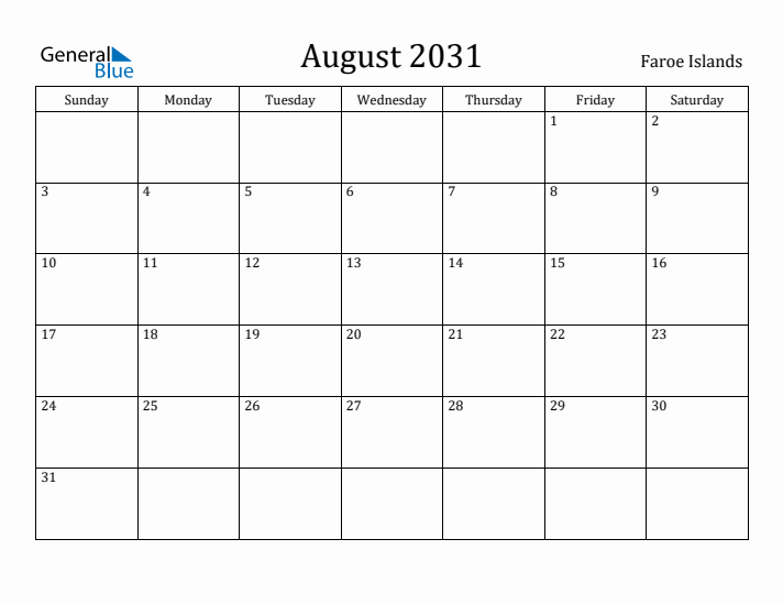 August 2031 Calendar Faroe Islands