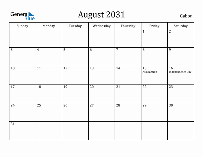 August 2031 Calendar Gabon