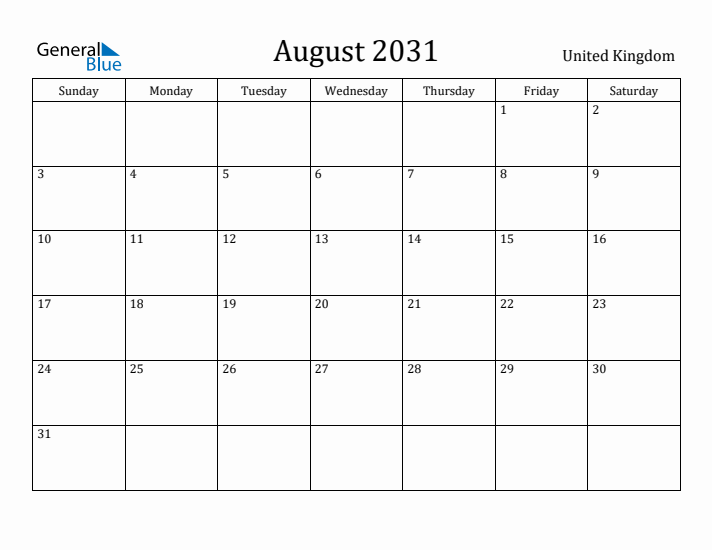 August 2031 Calendar United Kingdom