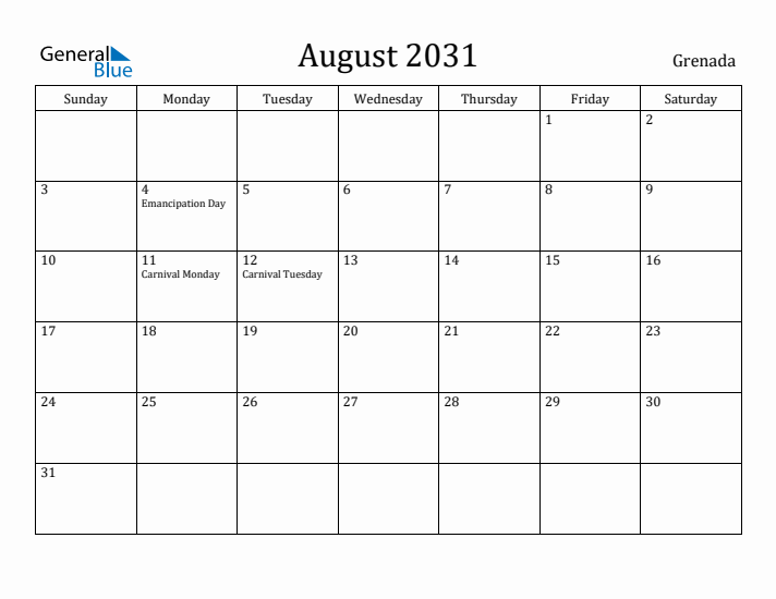 August 2031 Calendar Grenada