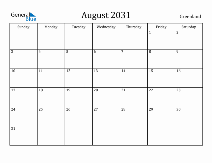 August 2031 Calendar Greenland