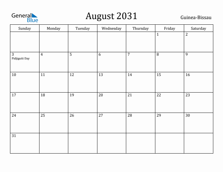 August 2031 Calendar Guinea-Bissau