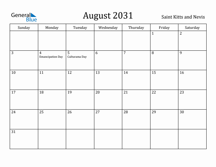 August 2031 Calendar Saint Kitts and Nevis