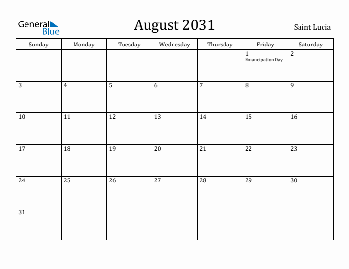 August 2031 Calendar Saint Lucia