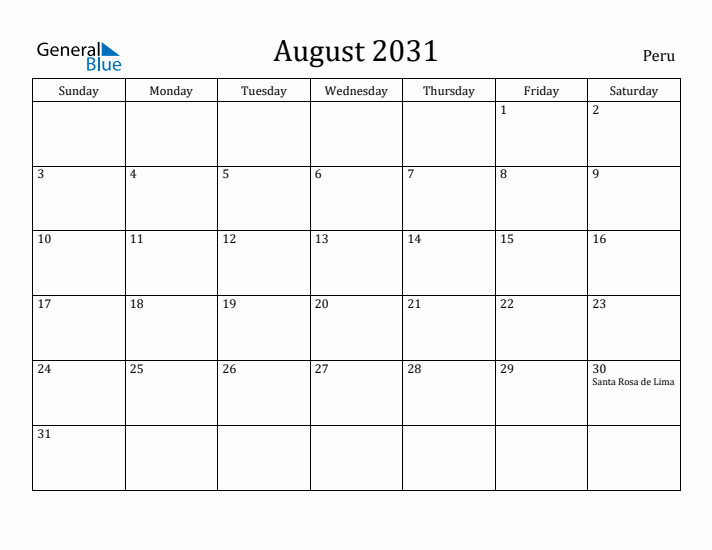 August 2031 Calendar Peru