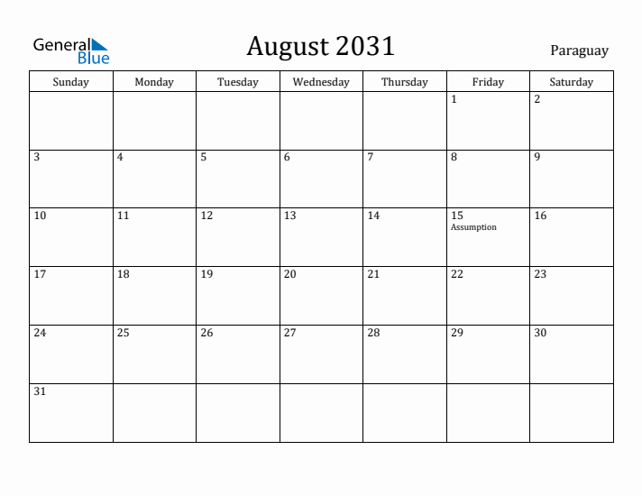 August 2031 Calendar Paraguay