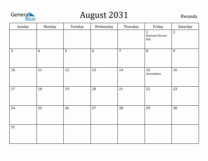 August 2031 Calendar Rwanda
