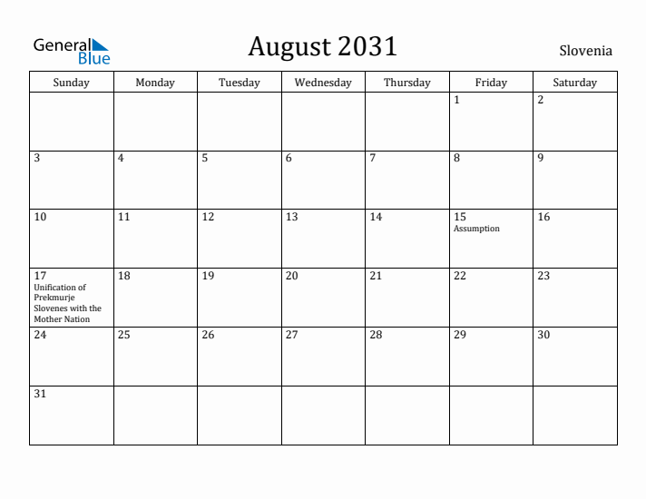 August 2031 Calendar Slovenia