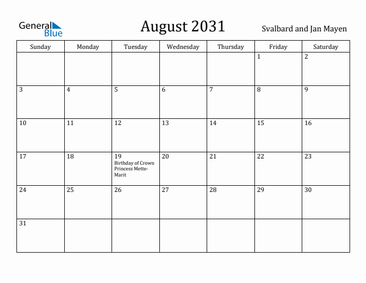 August 2031 Calendar Svalbard and Jan Mayen