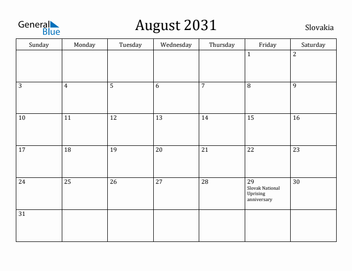 August 2031 Calendar Slovakia