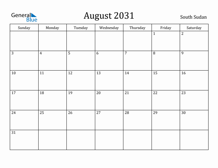 August 2031 Calendar South Sudan