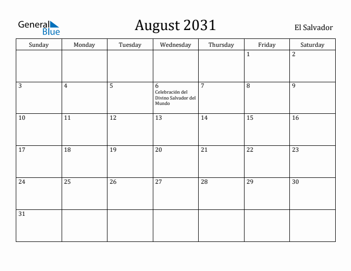 August 2031 Calendar El Salvador
