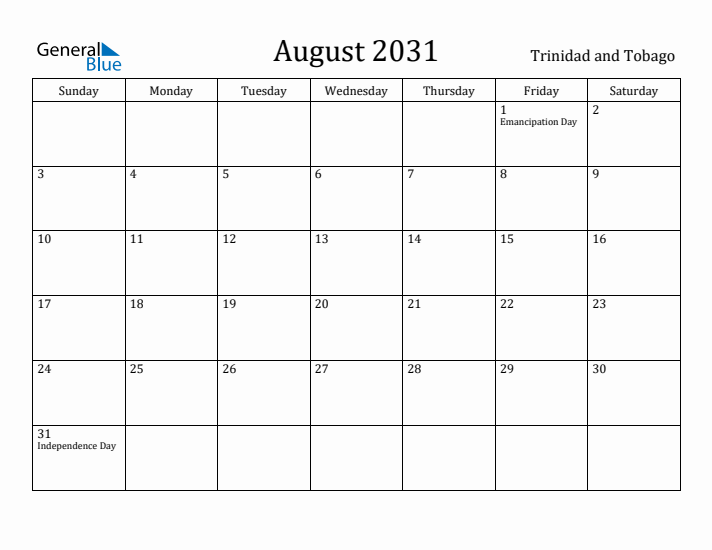 August 2031 Calendar Trinidad and Tobago