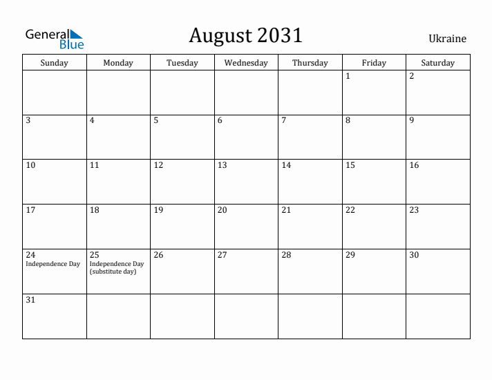 August 2031 Calendar Ukraine