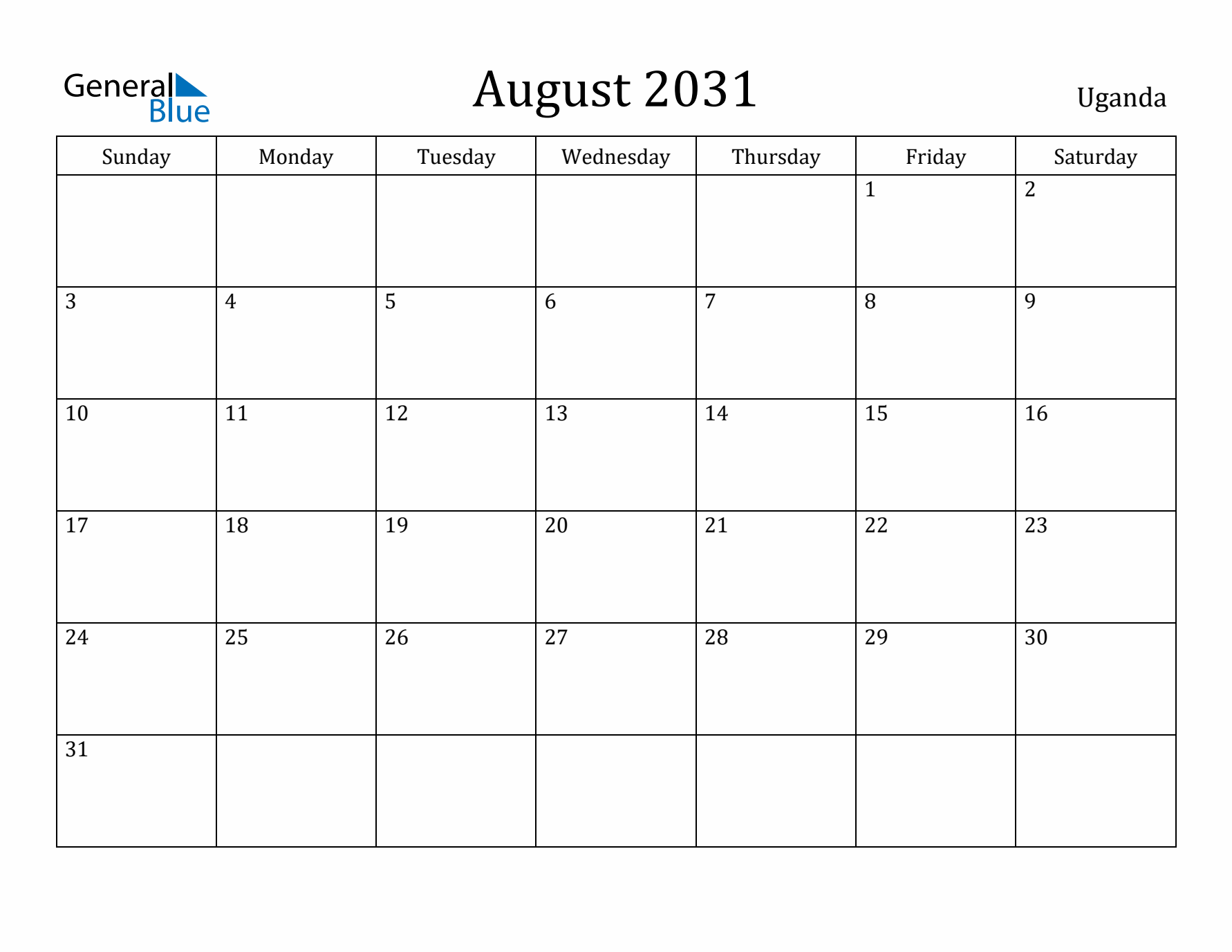 August 2031 Calendar Uganda
