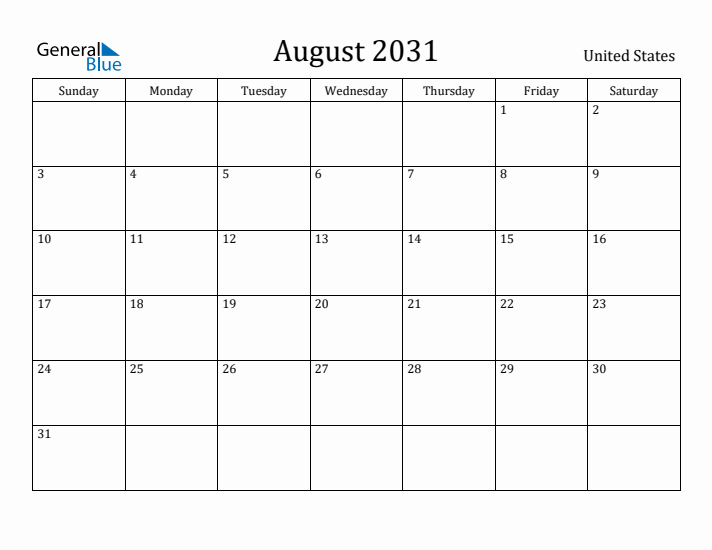 August 2031 Calendar United States