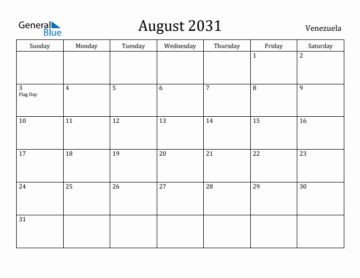 August 2031 Calendar Venezuela