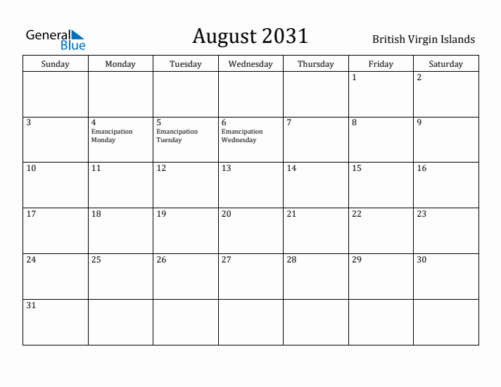 August 2031 Calendar British Virgin Islands