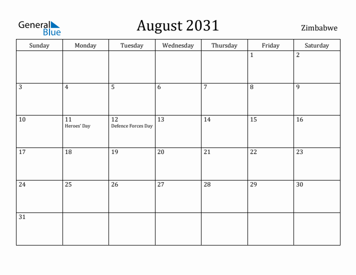 August 2031 Calendar Zimbabwe
