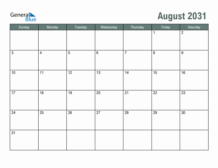 Free Printable August 2031 Calendar