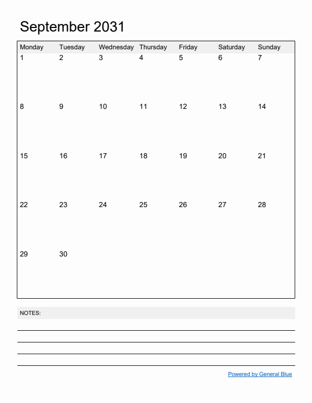 Basic Monthly Calendar Template for September 2031