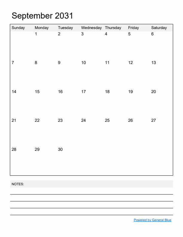 Basic Monthly Calendar Template for September 2031
